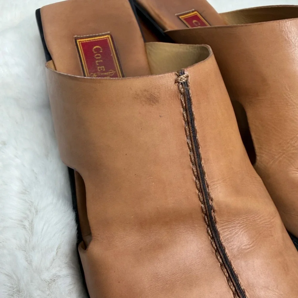 Cole Haan Studio Womens 6.5 B Tan Leather Square Toe Block Heel Slide Sandals
